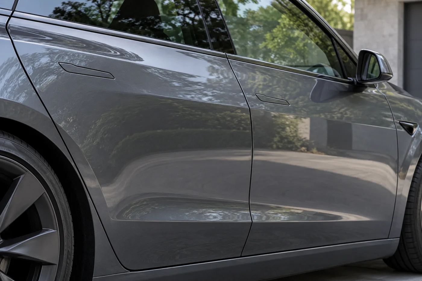 Reflections across adjoining metallic grey Tesla door panels and their shared gap