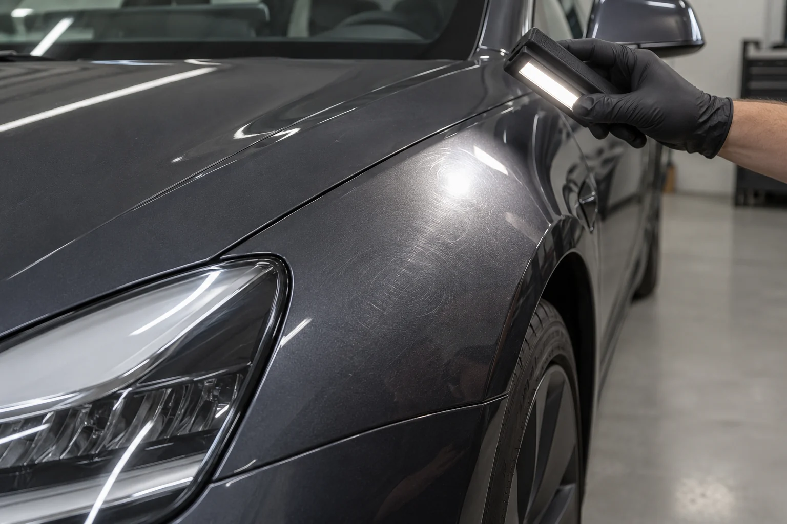 Inspection light showing wash marks on grey car paint before coating
