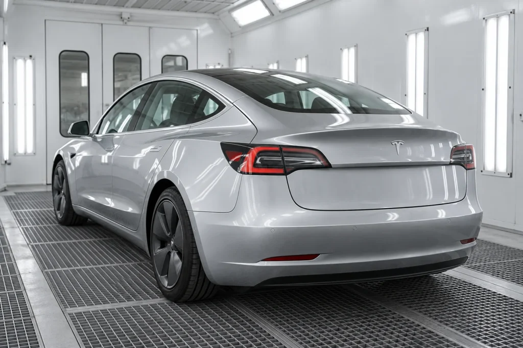 Silver Tesla in a bright automotive paint booth