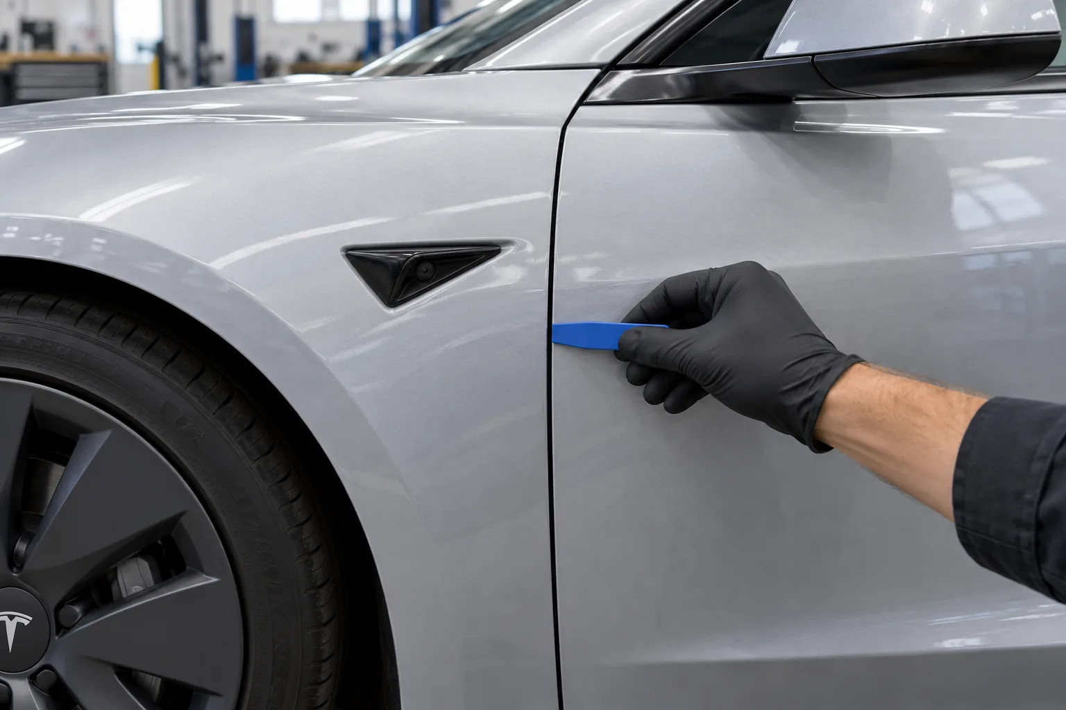 Gloved technician holding a blue plastic gap gauge at a closed door-to-fender seam