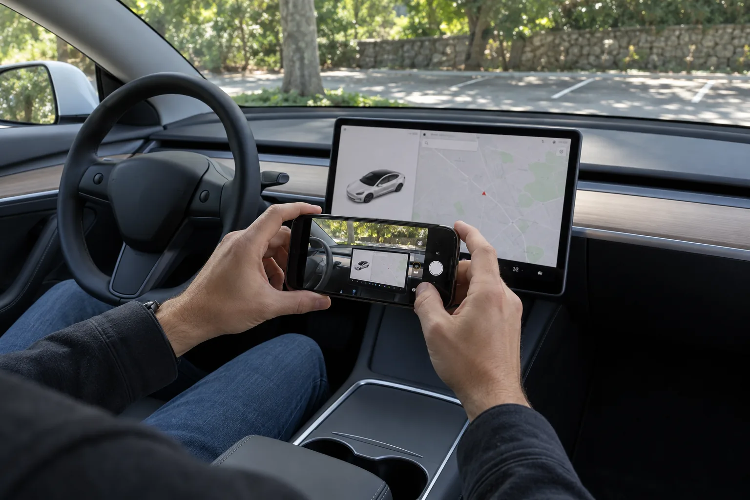 Phone held towards the touchscreen inside a parked Tesla Model 3