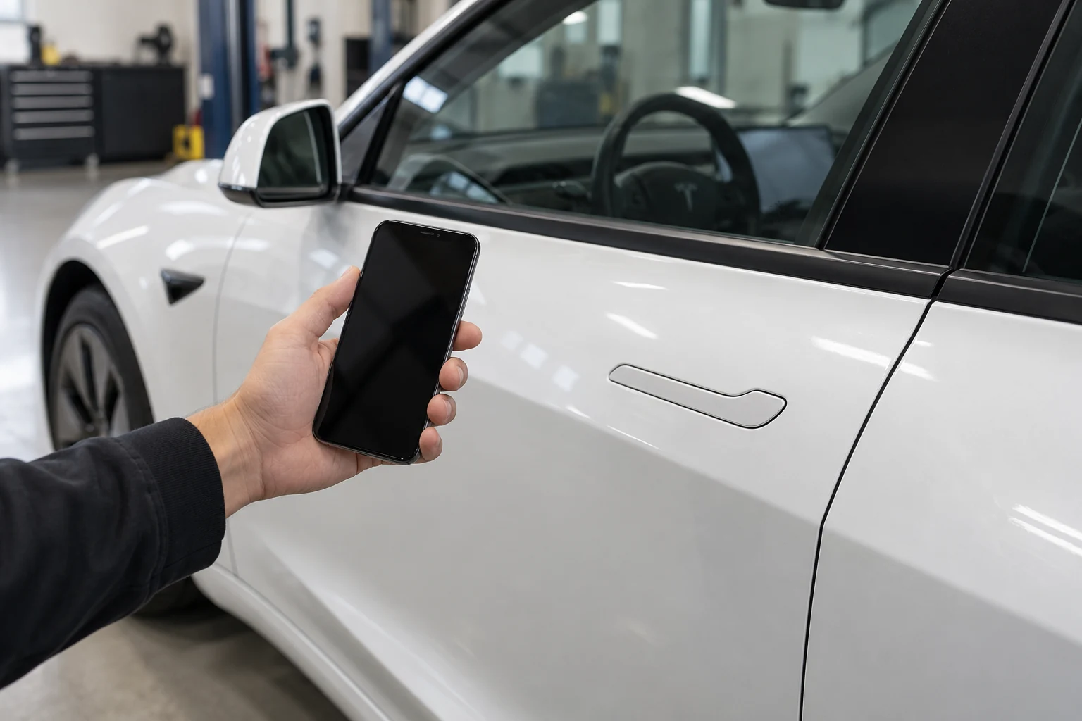 A phone held beside the driver's door of a white Tesla