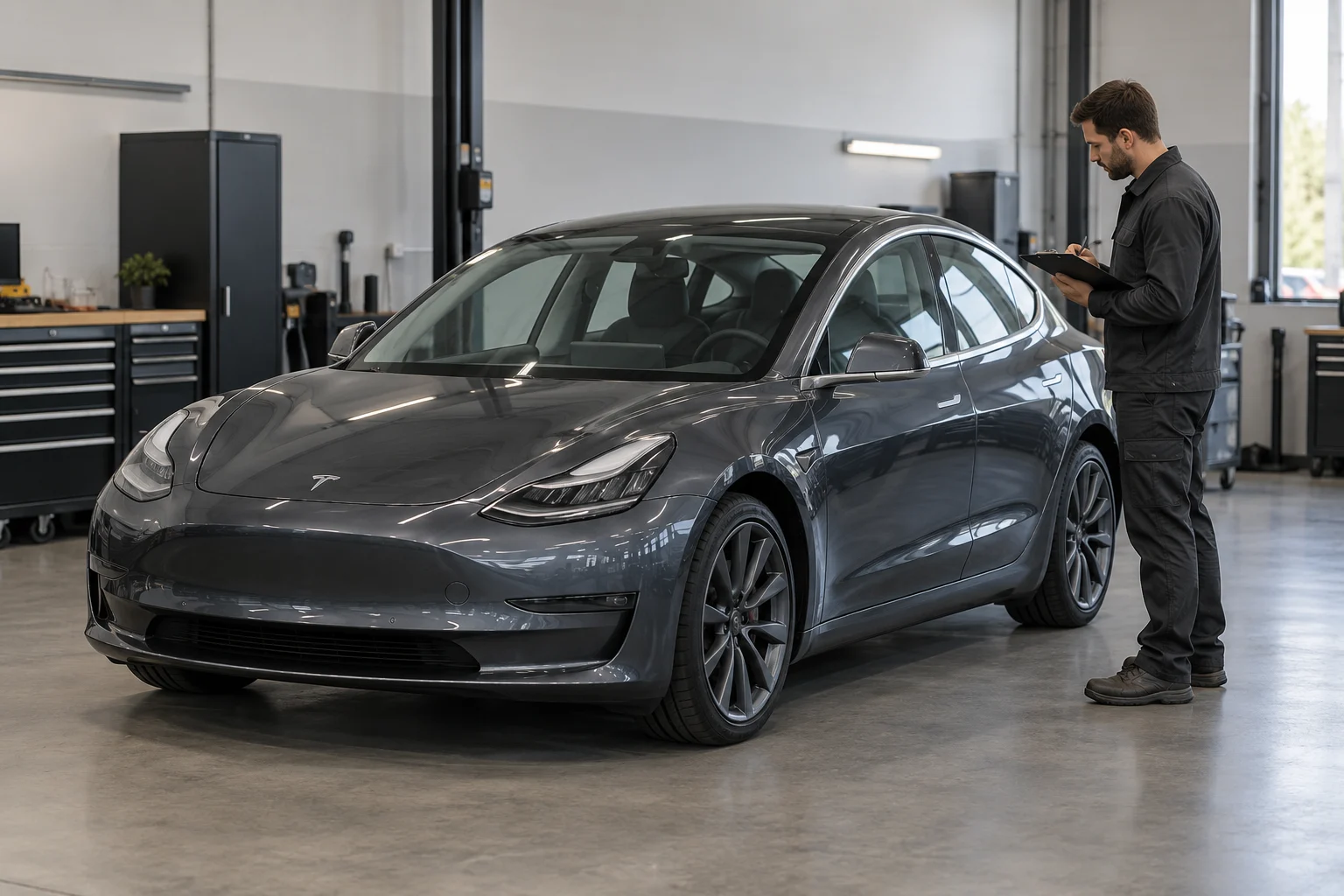 Technician making notes beside a grey Tesla Model 3