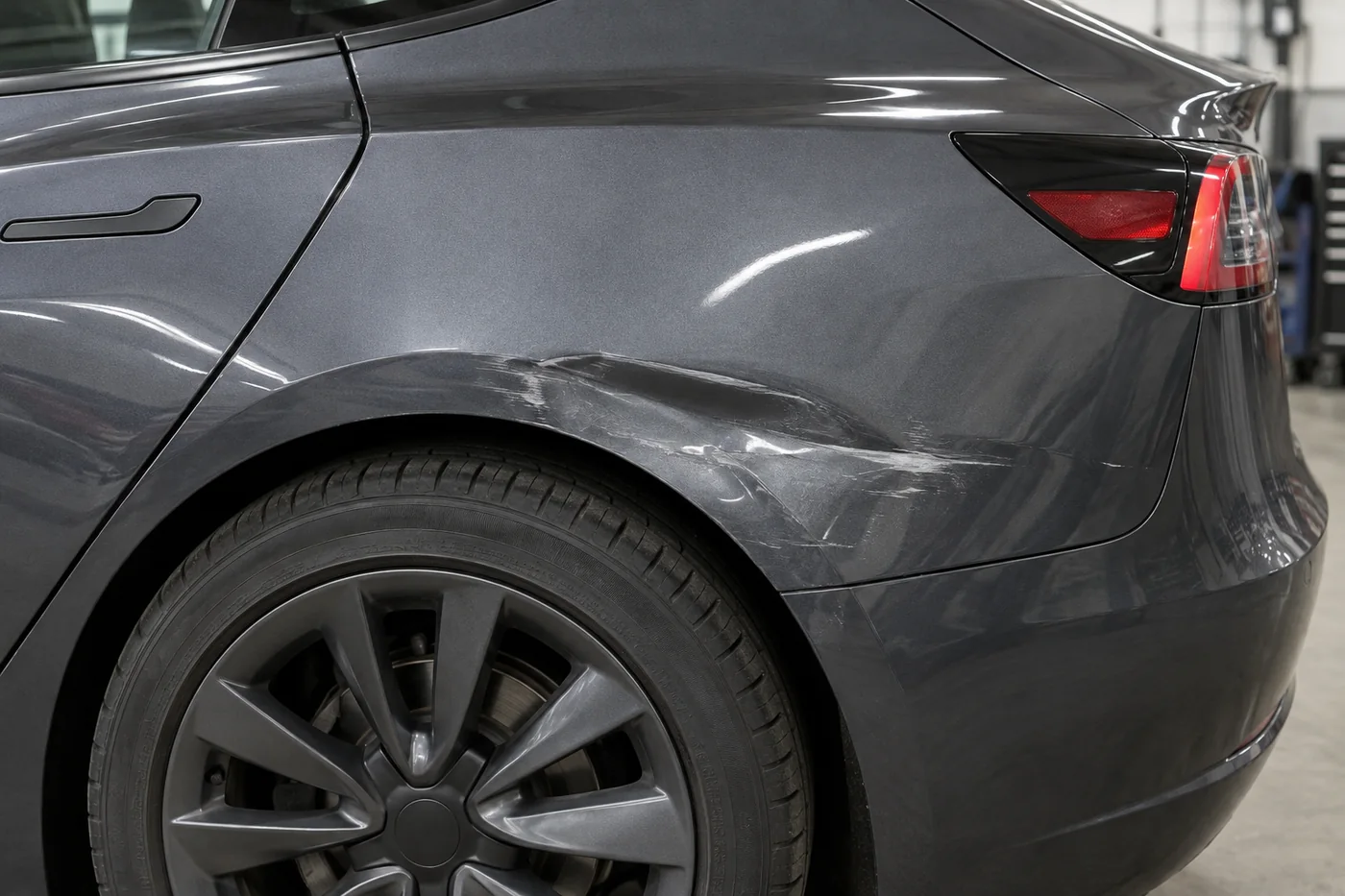 Dented and scratched rear quarter panel beside a grey Tesla bumper