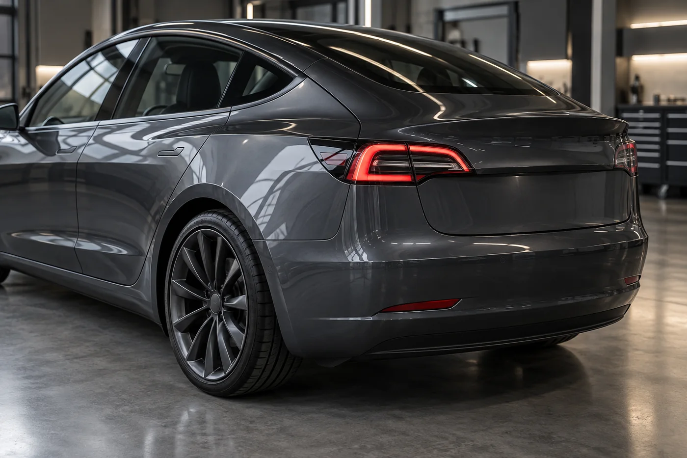 Grey Tesla rear quarter panel with clean body lines and wheel arch