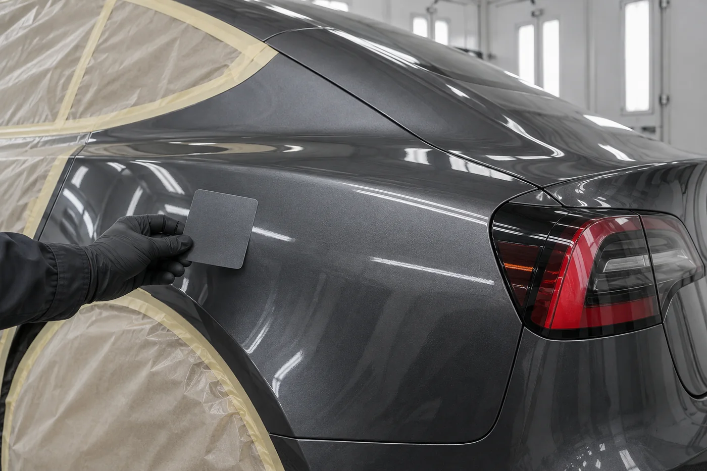 Paint sample being compared with a grey Tesla rear body panel