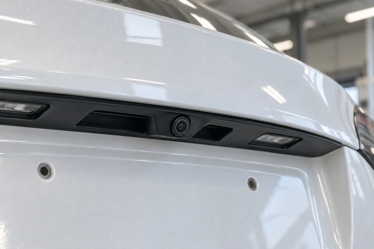 Rear reversing camera in black trim above an empty number-plate recess