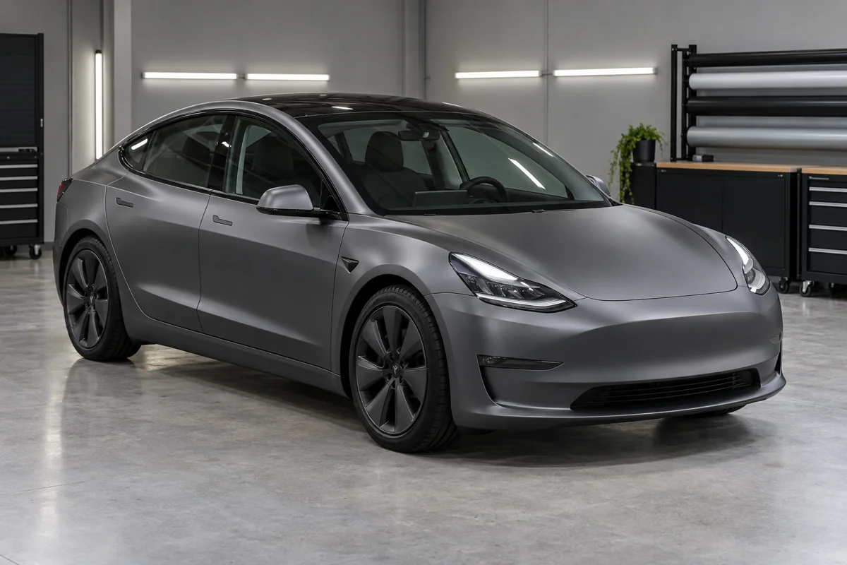 Satin grey Tesla Model 3 in a wrapping studio
