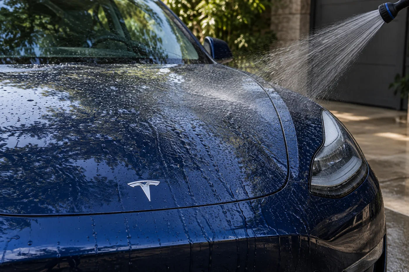 Water rinsing the blue bonnet of a Tesla
