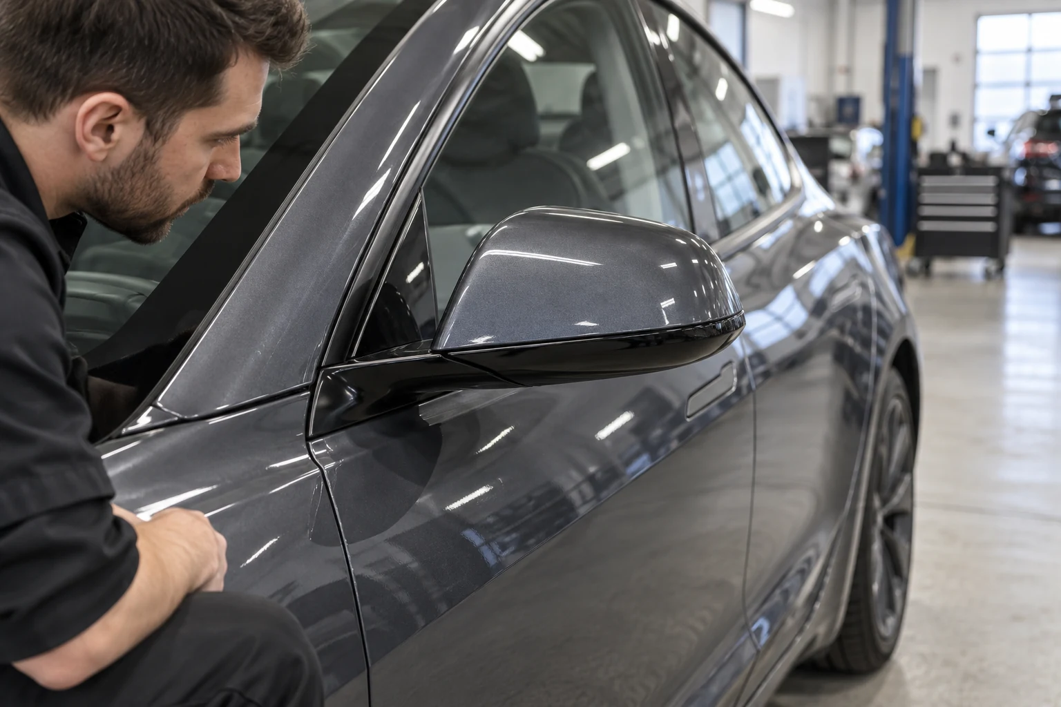 Technician looking closely at a grey Tesla exterior mirror