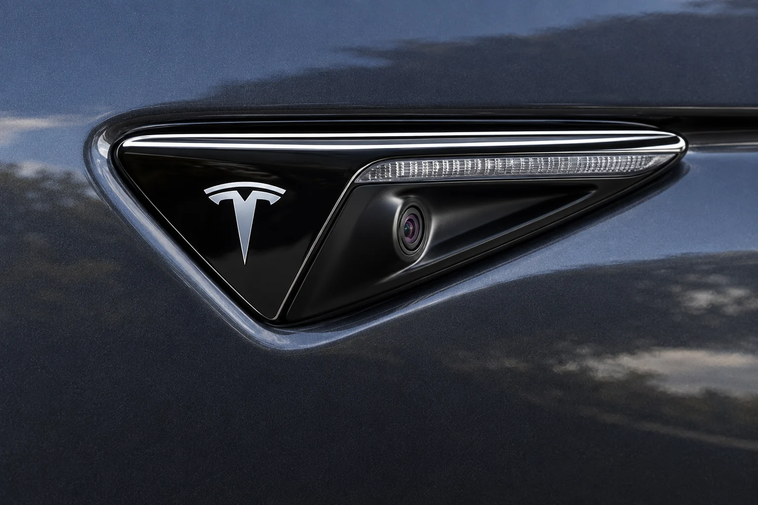 Close view of a Tesla side repeater camera and indicator on the front fender