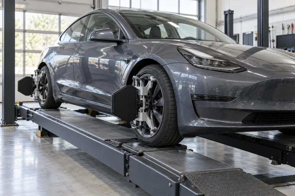 Grey Tesla with wheel alignment targets on an alignment ramp