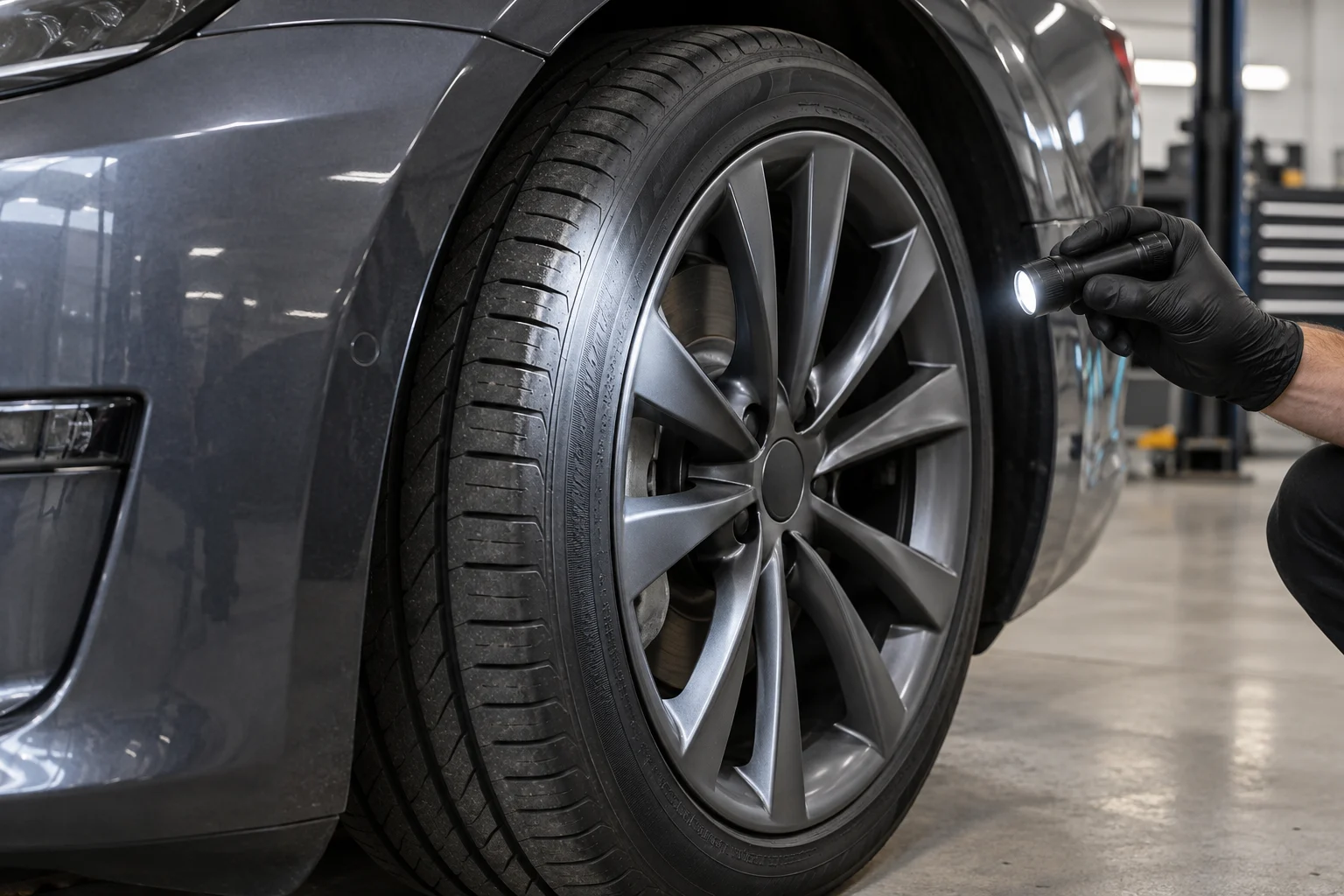 Technician examining a Tesla tyre with a torch