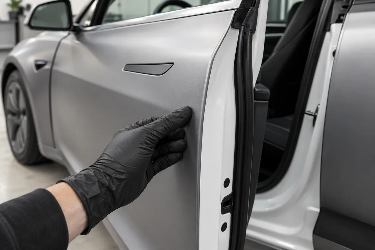 Satin wrapped Tesla door exterior beside the original white inner door edge