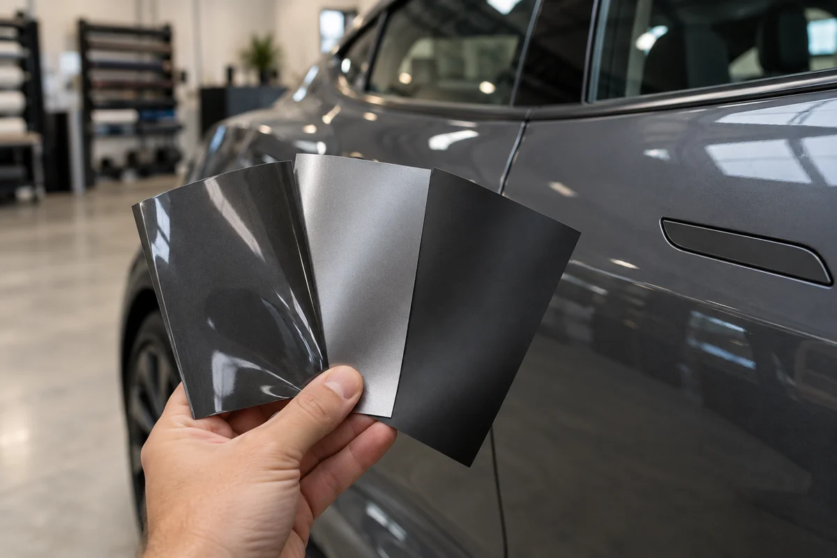 Gloss, satin and matte vinyl samples held beside a grey Tesla door