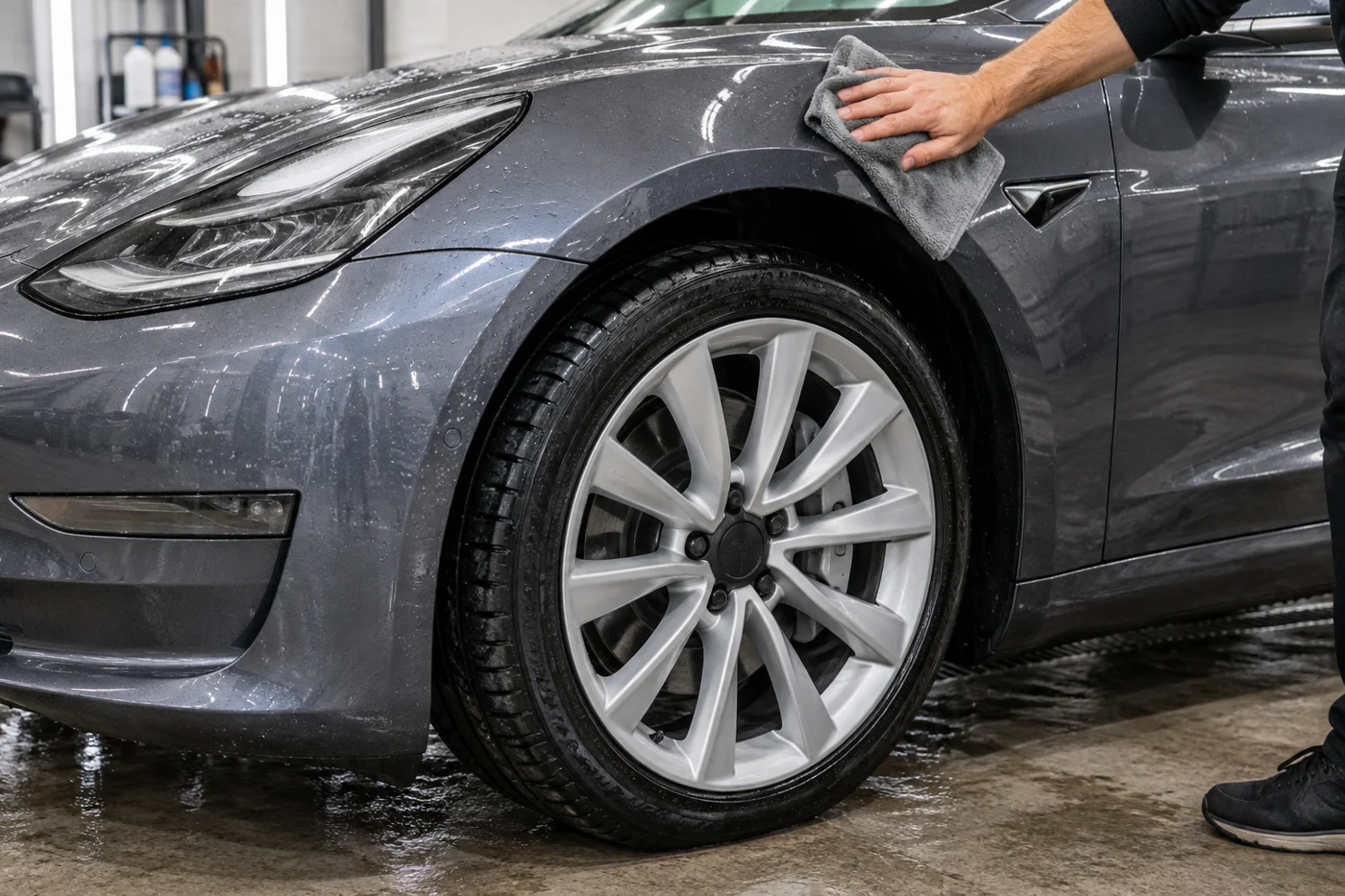 Grey Tesla wheel and front wing during careful drying after a wash