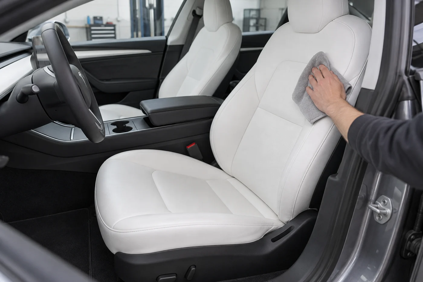 A white Tesla front seat being wiped with a soft grey cloth