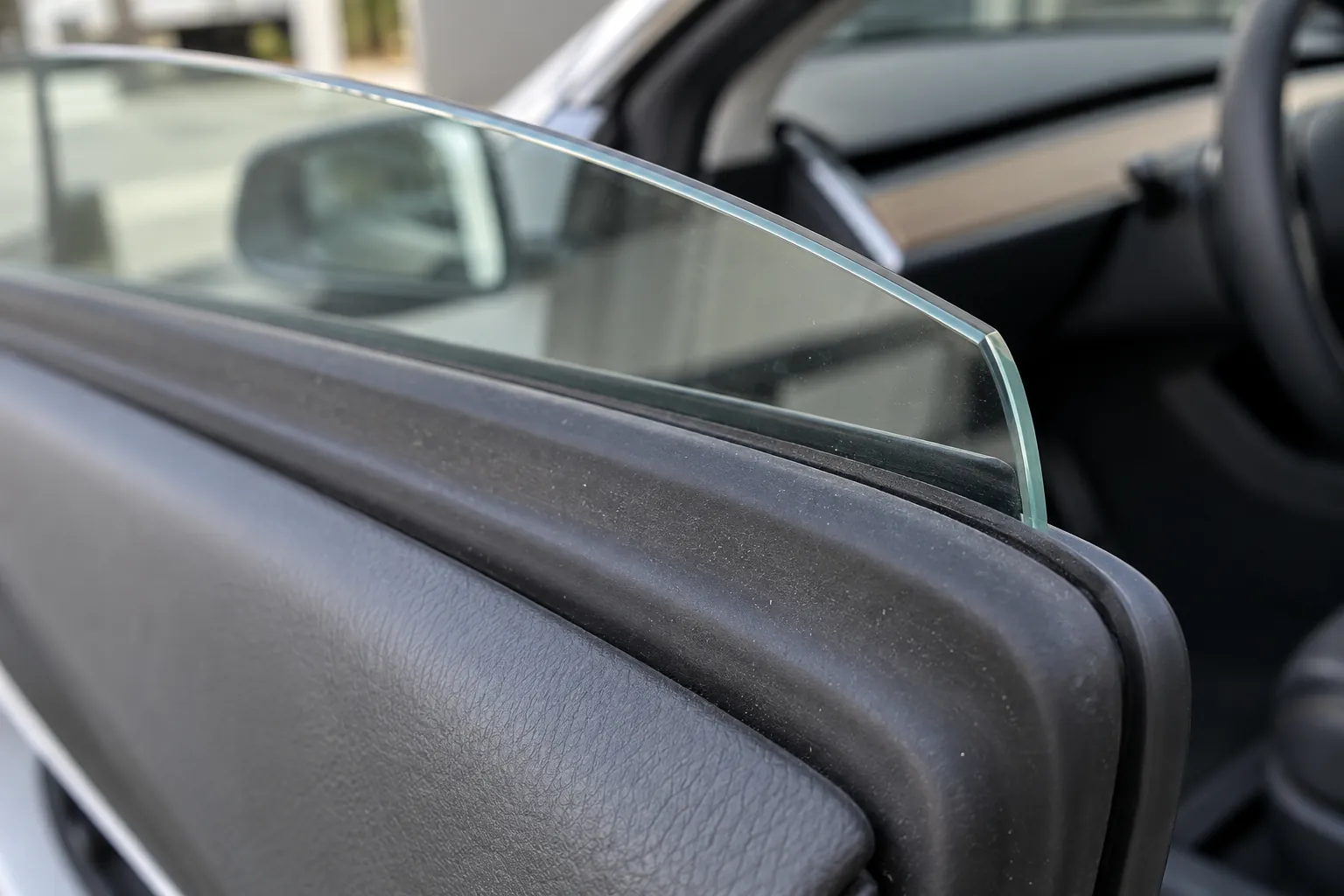 Close view of the window glass and lower belt seal