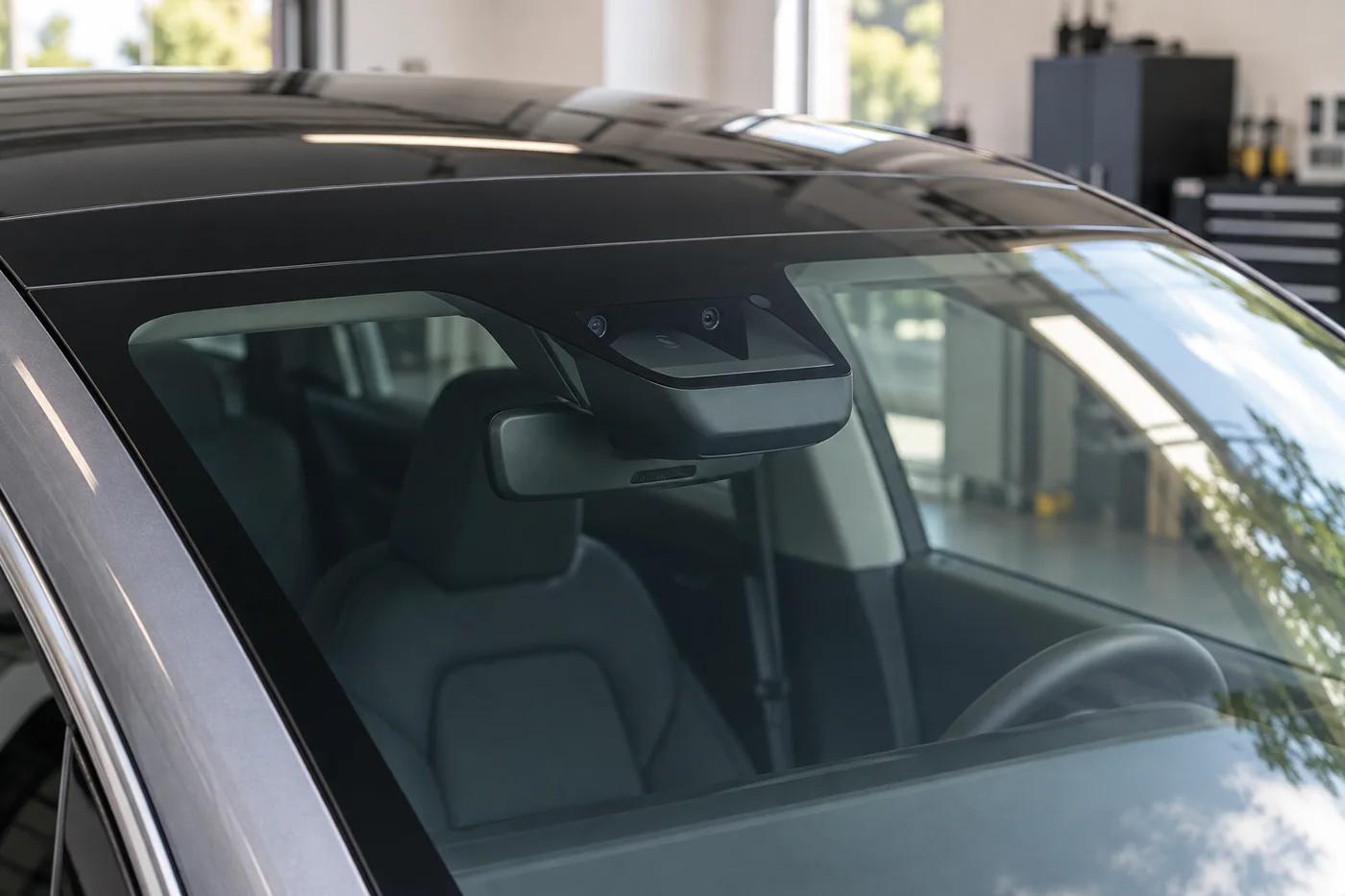 Upper windscreen camera housing on a grey Tesla
